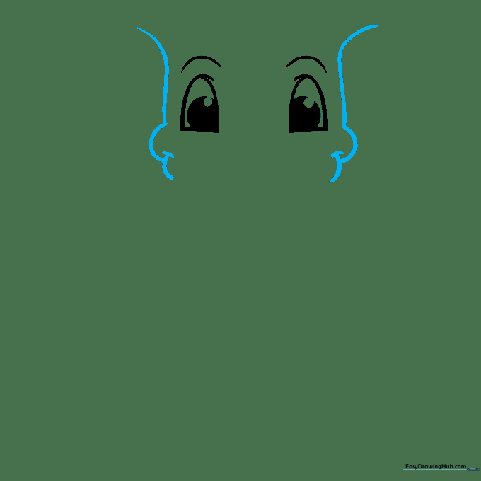 Drawing showing curved cheek lines and overlapping loops on the sides of the elephant's face.