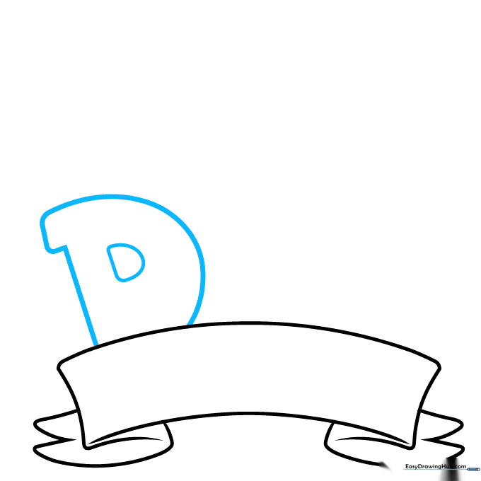 A large, bold block letter D sketched onto the center of the ribbon banner.