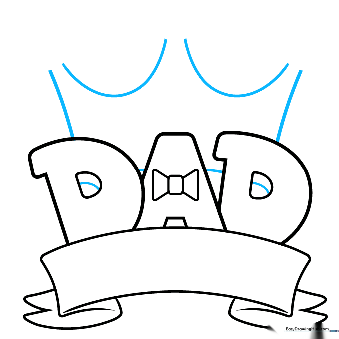 A large crown shape is drawn behind the ribbon banner, with added 3D lines on the letters.