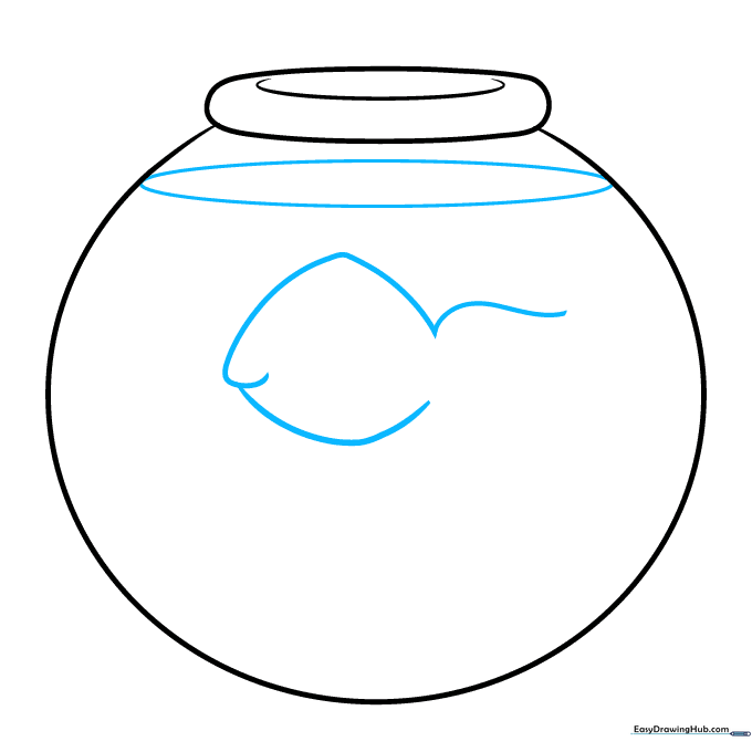 Drawing the fish body inside the bowl with a horizontal waterline oval.