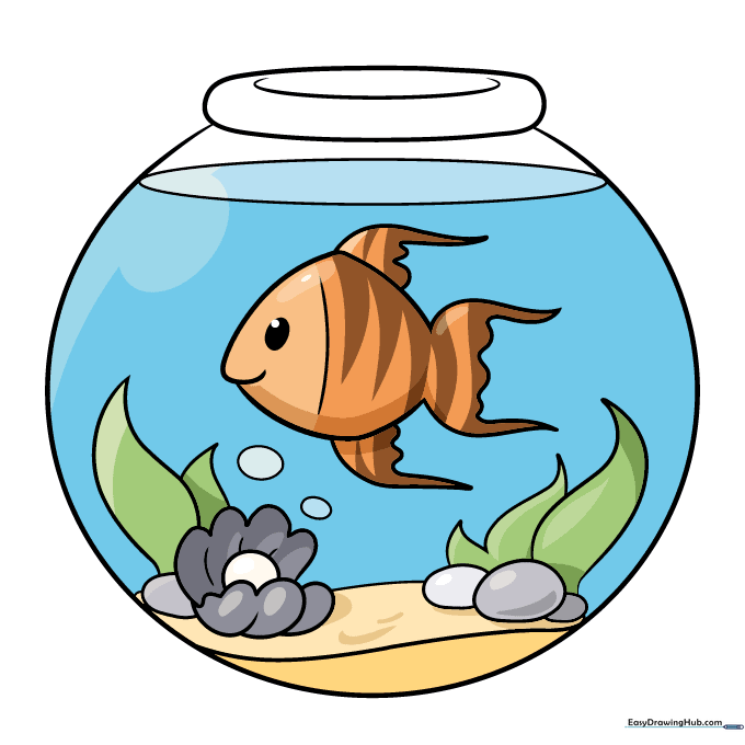 A fully colored fish bowl drawing with a bright orange fish and blue water.