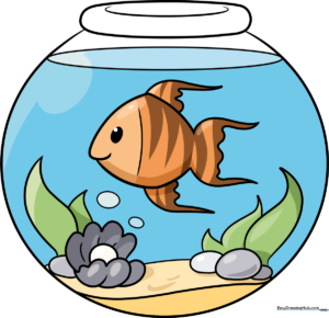 A colorful, finished drawing of a happy fish swimming in a glass bowl.