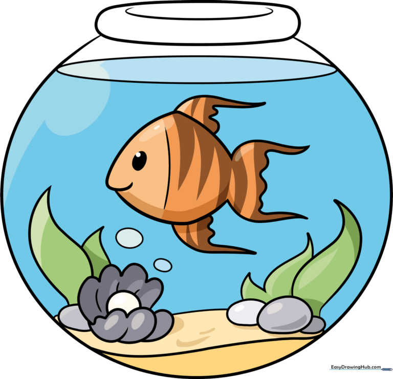 A colorful, finished drawing of a happy fish swimming in a glass bowl.