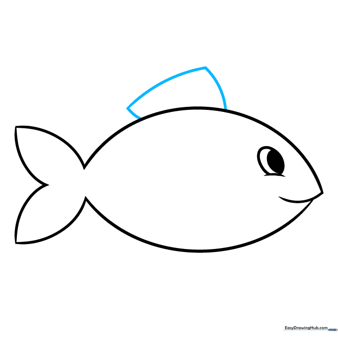Sketching a triangular dorsal fin on the top of the fish's back.