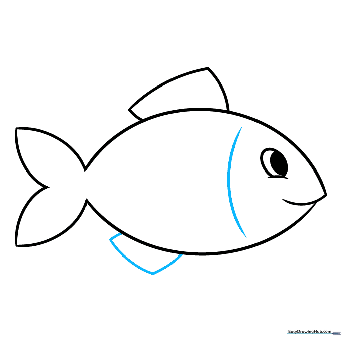 Adding a vertical curved line for the gill cover and a small fin on the bottom of the fish.