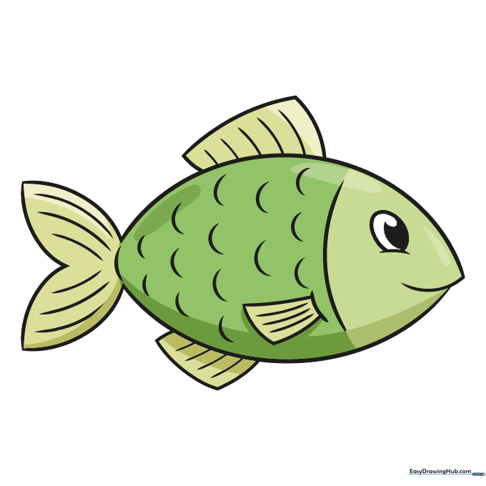 A fully colored, vibrant green cartoon fish.