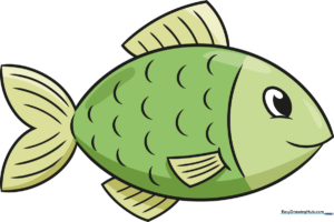 A colorful, friendly cartoon fish swimming, representing the final result of the drawing tutorial.