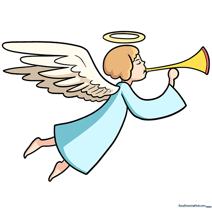 Finished, colored drawing of a flying angel with a blue gown and golden halo.