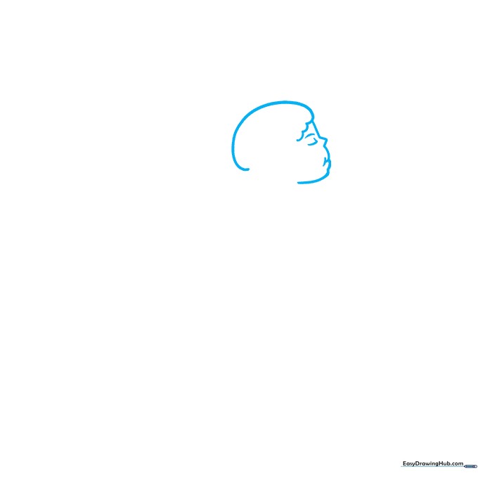 Pencil sketch of an angel's head showing circular face shape and simple hair outline.