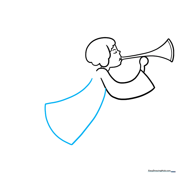 Drawing the flowing lines of the angel's gown.
