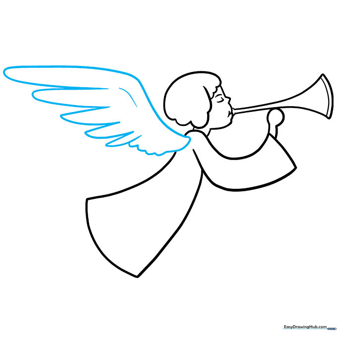 Detailing the angel's wing with U-shaped feather patterns.