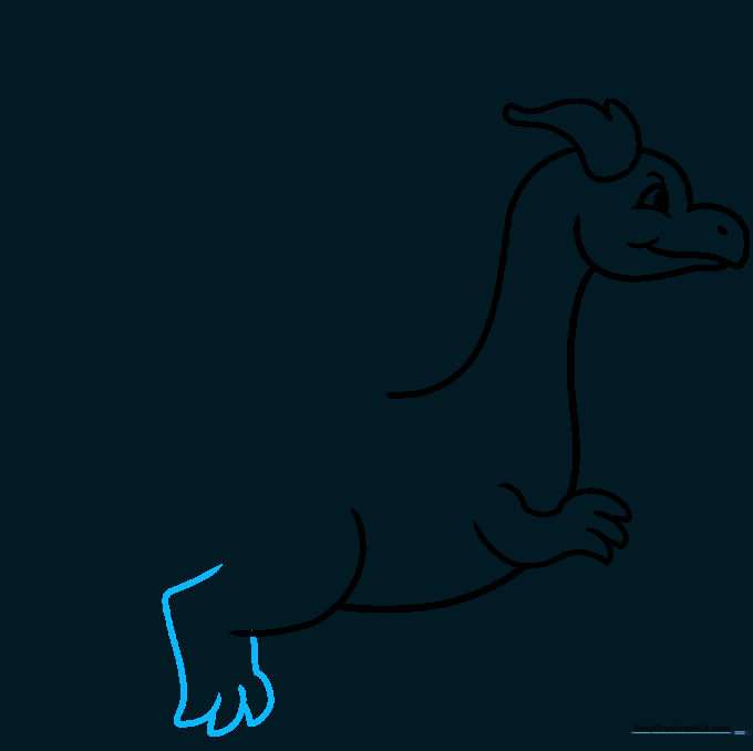 Detailing the dragon's feet with rounded claws and connecting them to the body.