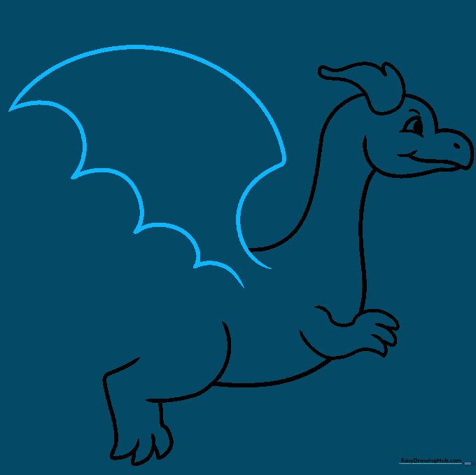 Drawing the large, scalloped wing of the flying dragon.