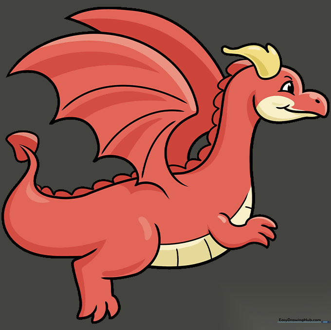 The finished, colored flying dragon drawing with red body and yellow accents.