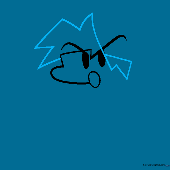 Adding spiky hair segments to the top of the character's head using jagged lines.