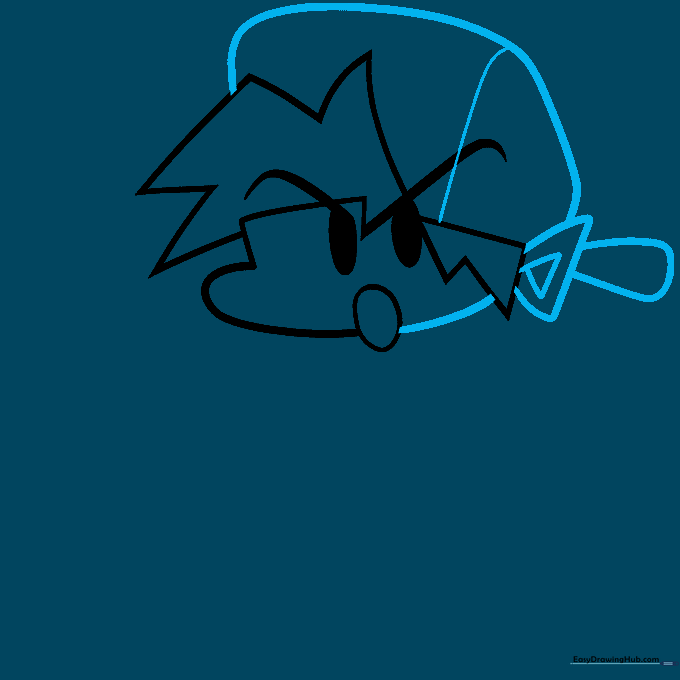 Drawing the ear detail and the backwards baseball cap on the character's head.