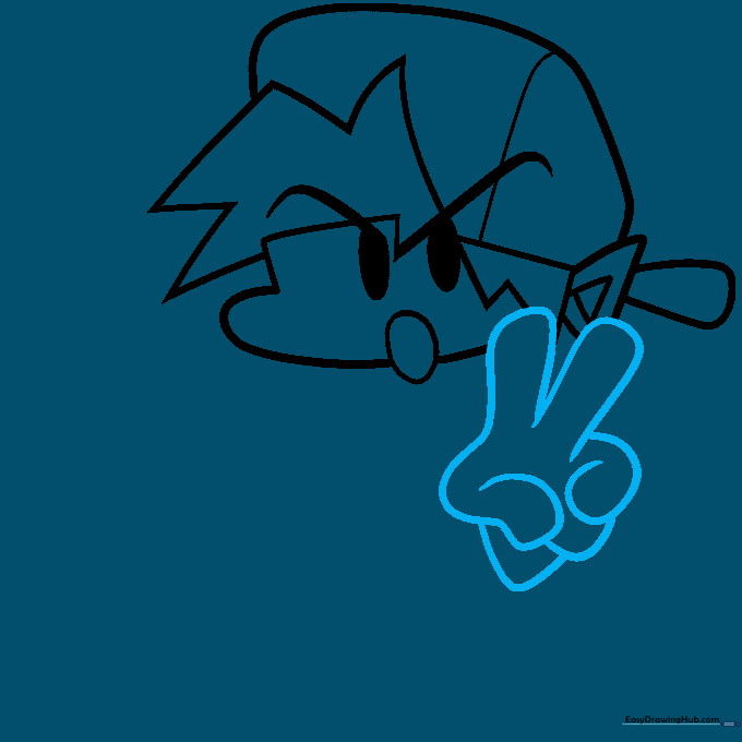 Detailing the hand gesture showing a peace sign with fingers.