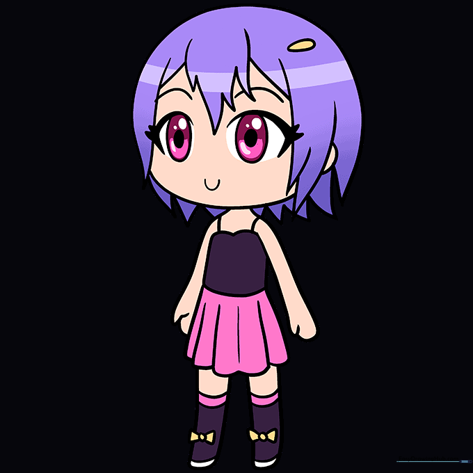 The finished Gacha Life character drawing, fully colored with purple hair and a pink outfit.