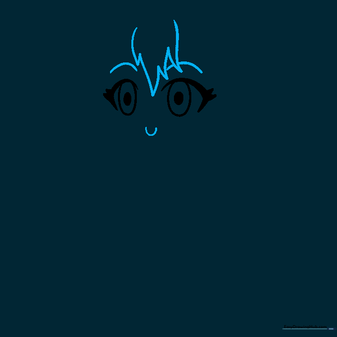 Drawing the eyebrows, smiling mouth, and jagged bangs of a Gacha character.