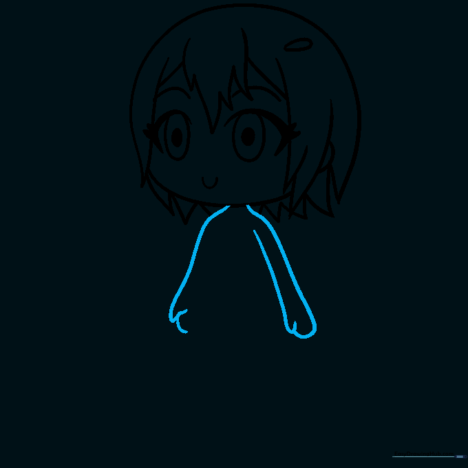 Outlining the neck, shoulders, and arms of the character.