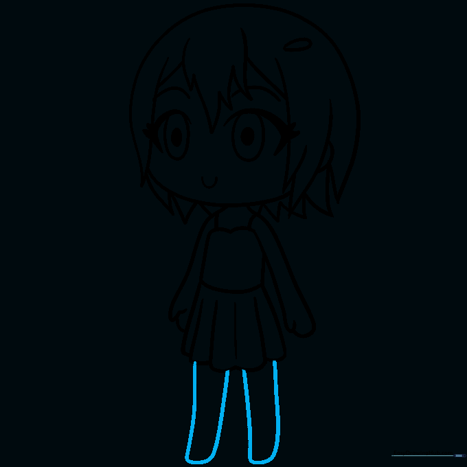 Drawing the legs extending from the bottom of the skirt.