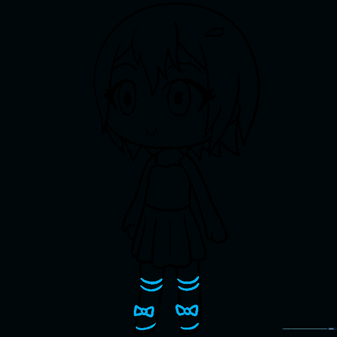 Adding socks, shoes, and small bows to complete the character's outfit.