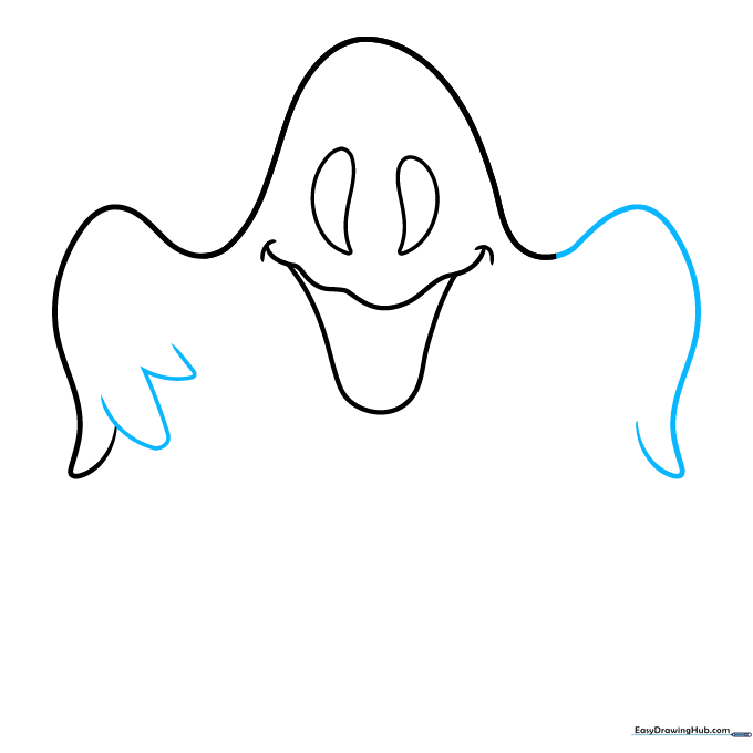 Ghost with two arms and small U-shaped fingers on one hand.