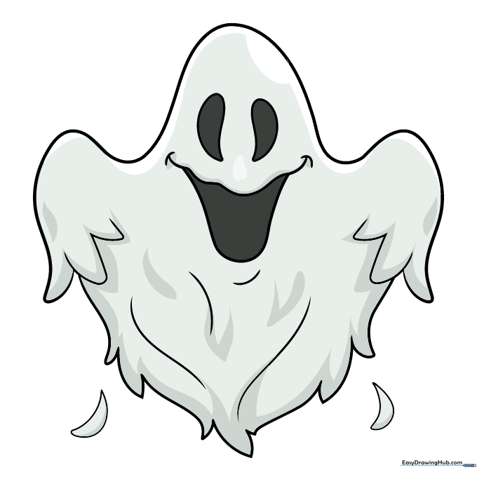 A fully colored, friendly cartoon ghost with shading and dark eyes.