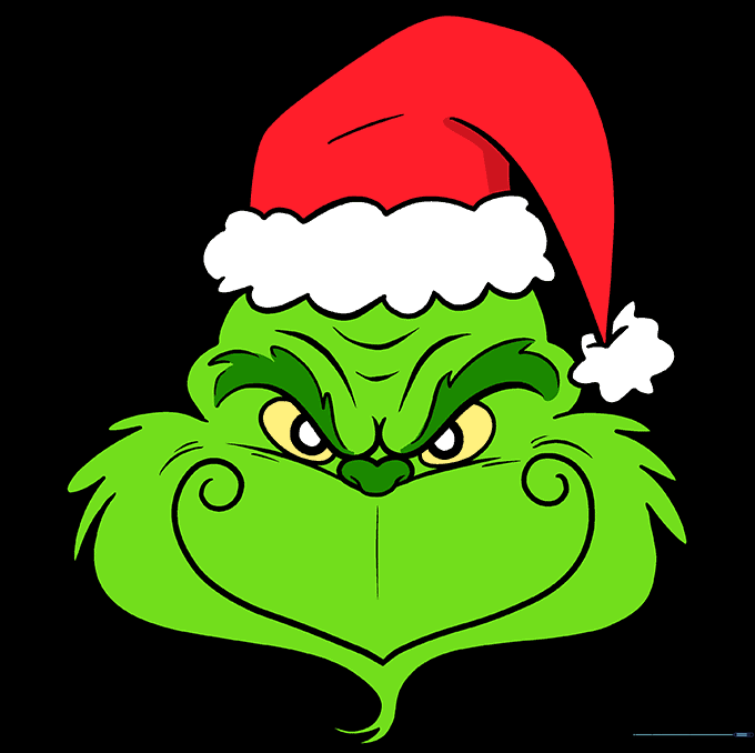 The finished Grinch face drawing colored in with green, yellow, and red.