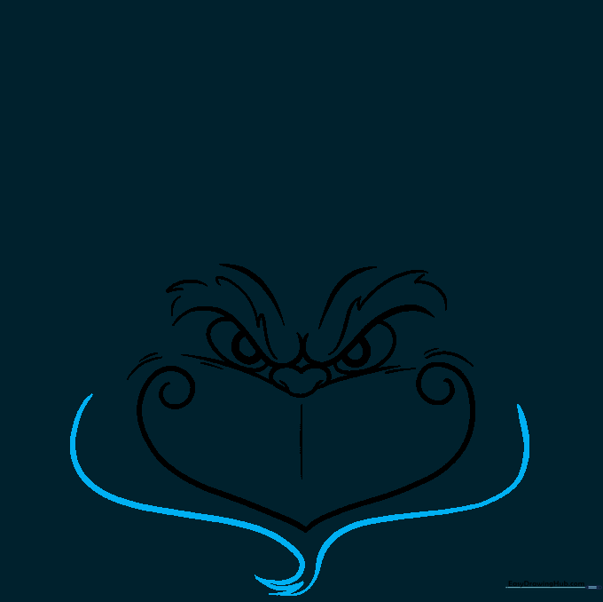 Outlining the Grinch's jawline and adding a tuft of hair at the chin.