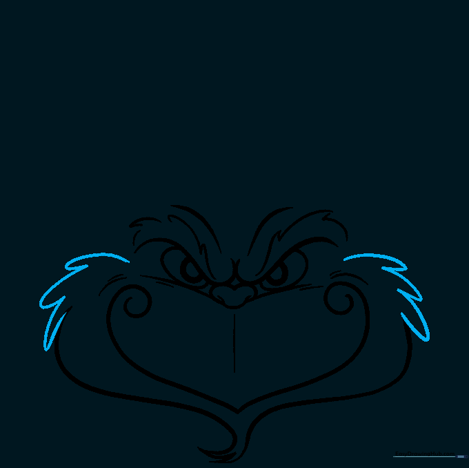 Drawing the Grinch's furry cheeks using short, connected curved lines.