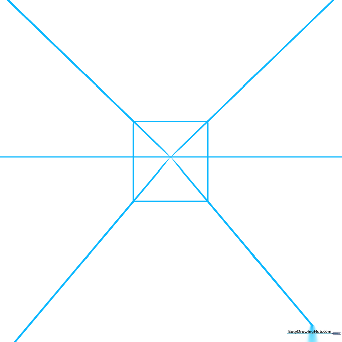 Pencil sketch showing a horizon line, a central vanishing point, and a square frame used to establish one-point perspective.