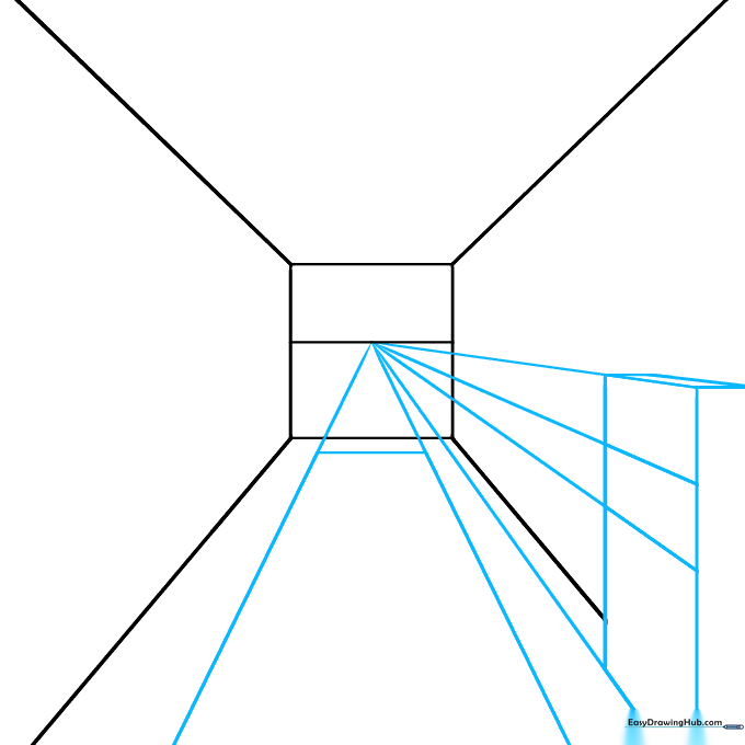 Drawing showing the initial layout of a hallway floor and wall boundaries using diagonal perspective lines.