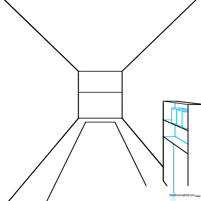 Detailed sketch of a bookcase being added to the hallway wall using straight lines.
