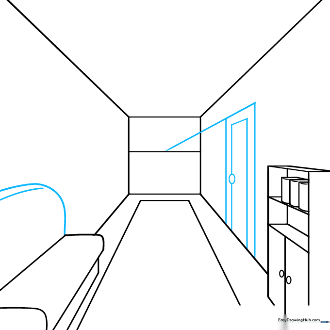 Drawing of a hallway featuring a sofa and a door frame, demonstrating proper perspective scaling.