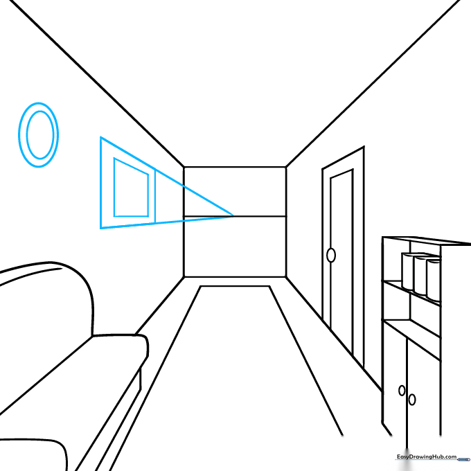 Adding wall decor, specifically a picture frame and a clock, to the hallway drawing.