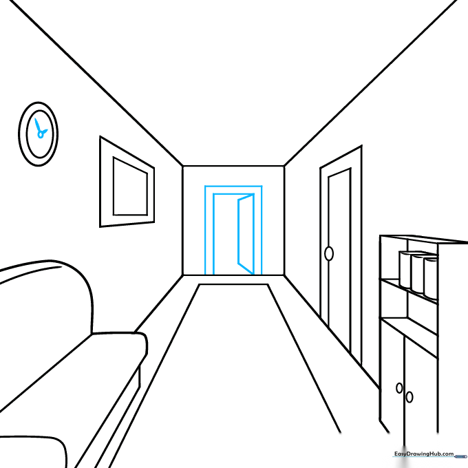 Refining the back wall of the hallway with an open door detail.