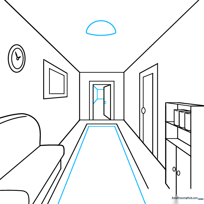 Adding final details like a ceiling light and rug to complete the hallway scene.
