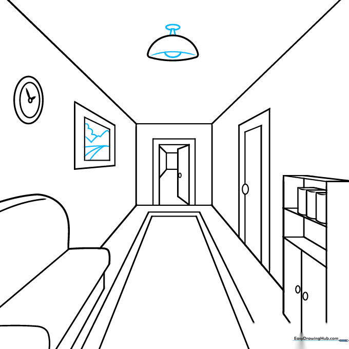 Final line art of the hallway with all decorative details completed.