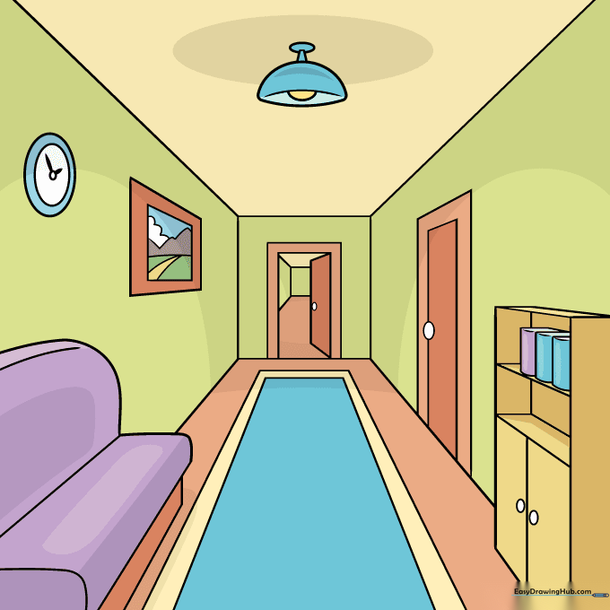 A fully colored and finished hallway drawing in one-point perspective.