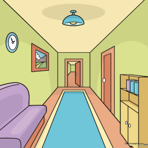 Colorful, finished hallway drawing showing clear one-point perspective techniques.