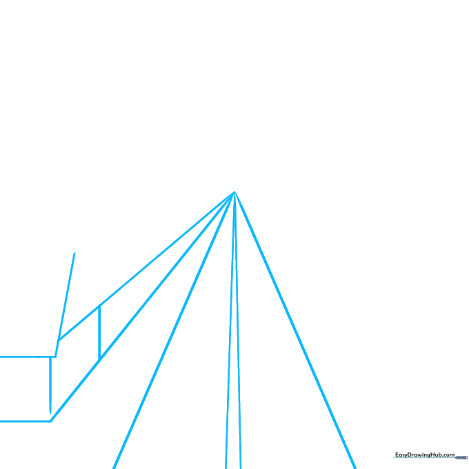 A pencil sketch showing a central vanishing point with radiating diagonal lines forming a road and house outline.