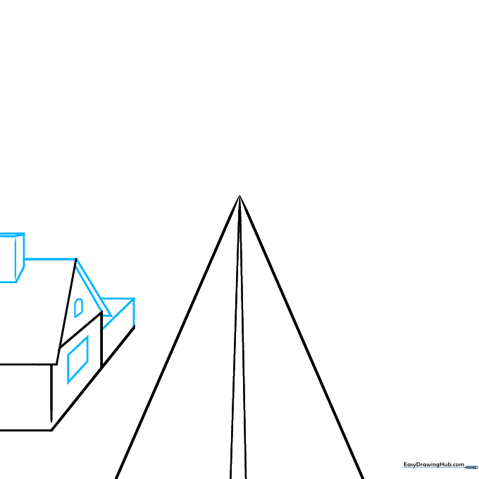 Refining the house structure by adding a chimney, roof, and window details over the perspective guides.