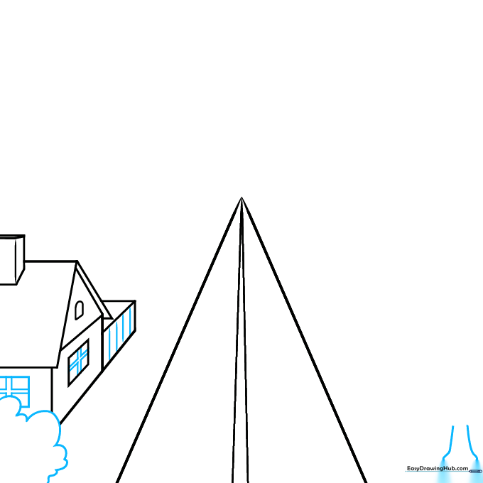 Adding window panes to the house and sketching the initial shape of a tree on the opposite side of the road.