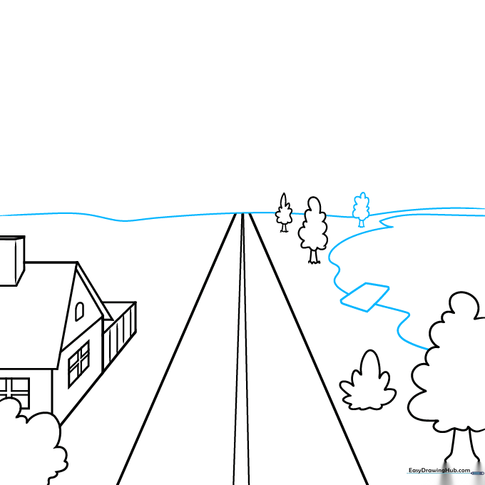 Adding a horizon line, a lake, and a small dock to the landscape scene.