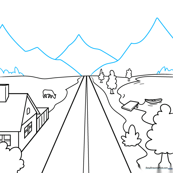 Sketching jagged mountain peaks and a distant treeline on the horizon.