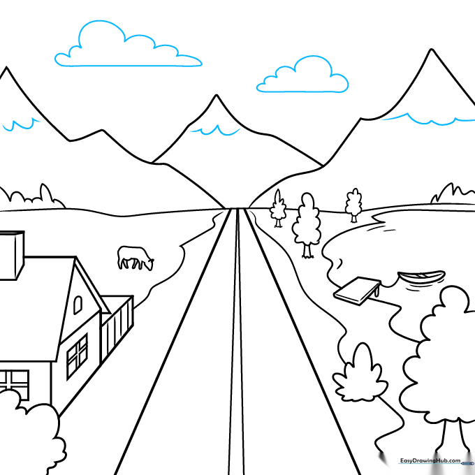 Finalizing the drawing by adding snowcaps to mountains and clouds in the sky.