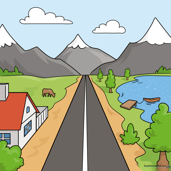 A finished, colored-in landscape drawing showing depth and perspective.
