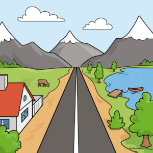 A colorful, finished landscape drawing featuring a house, road, and mountains in one-point perspective.