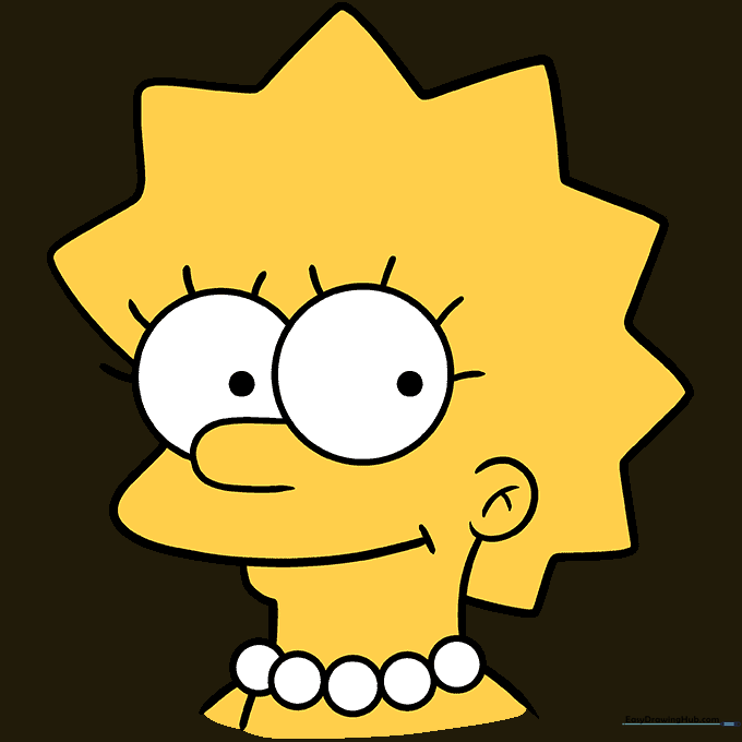 A fully colored, vibrant drawing of Lisa Simpson with yellow skin and hair and a white pearl necklace.